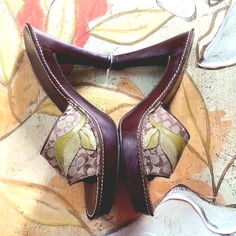 Vtg COACH POPPYS for PEACE Flowers MULES Leather Suede Applique Clogs Heels 8.5m - Picture 4 of 16